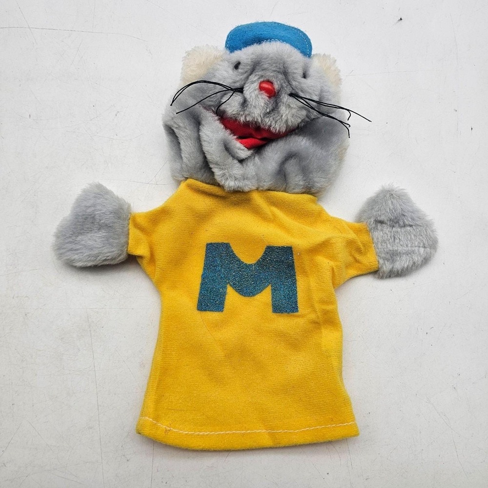 Vintage Mouse Hand Puppet Plush Stuffed Toy Small Gray Yellow M Shirt Taiwan